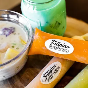a bowl of soup and a spoon of ice cream