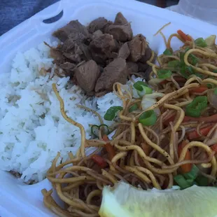 Pancit and adobo with steamed rice