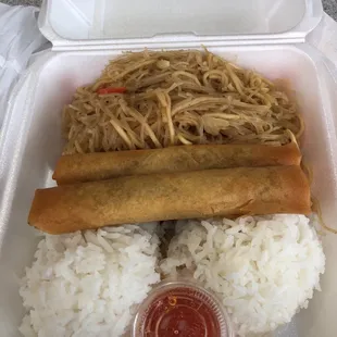 Rice, pancit and lumpia $9