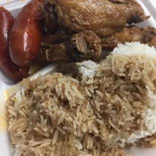 Two meats and rice for only $9! Longanisa and chicken adobo!