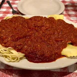 Centerpiece of the Fillippi&apos;s Family Combo: spaghetti, lasagna and beef ravioli. Not shown- salad and garlic bread. Can feed 3-4 for $18.05.