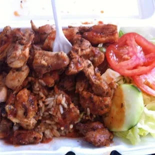 Chicken kabob -- comes on top of rice with a side salad