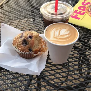 Blueberry muffin, dirty chai, and iced coffee on the patio!