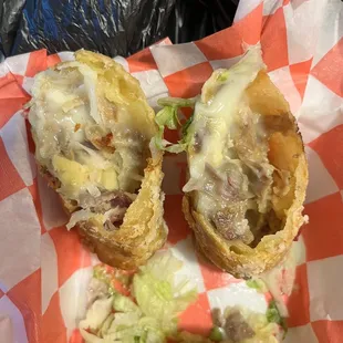 Grey mystery meat in Reuben egg rolls