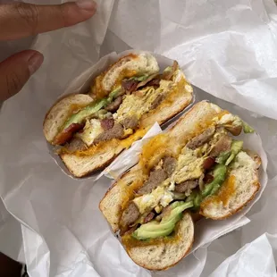 Filmore Classic Bagel, add avocado light egg, both meats.