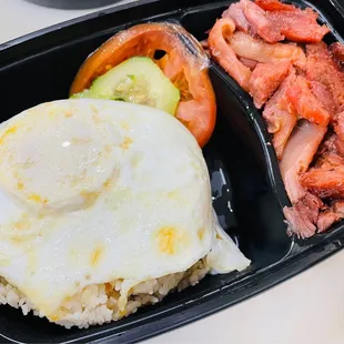 Tocilog - Tocino (cured sweet pork) with garlic rice and egg.