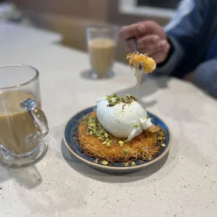 kenafah with ice cream and their saffron Karek chai