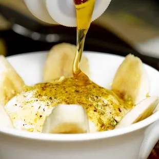 Filo Ashta with honey and bananas.