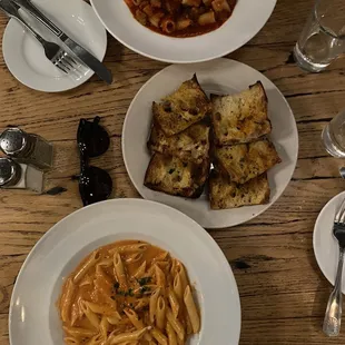Diablo pasta , Garlic Bread , and Penne Alla Vodka