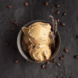 a bowl of coffee ice cream
