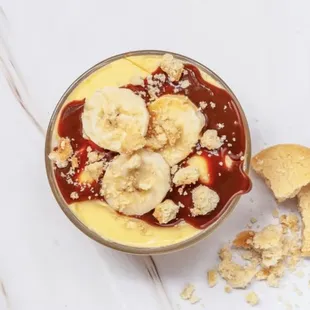 Caramel Banana Pudding:  Rich,creamy,thick vanilla pudding w./bananas,caramel to LIVE for and shortbread cookies. My personal favorite!