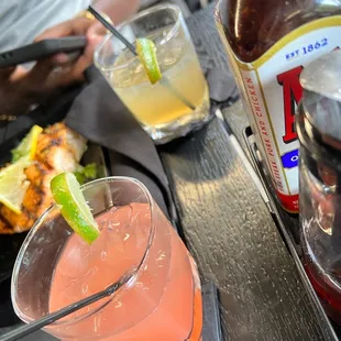 a close up of a drink and a plate of food