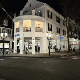 the exterior of a building at night