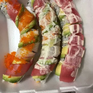 Rainbow roll, in and out roll and tornado roll