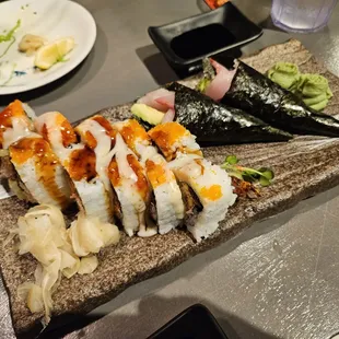 Spider roll and Hamachi handrolls