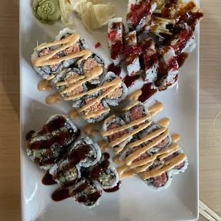 Spider roll, spicy tuna, spicy crab, eel cucumber