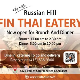 Hello Russian hill .We are ready to open for brunch .See you guy .let&apos;s try best thai street food by chef Kobe from Saapver thai resturant .