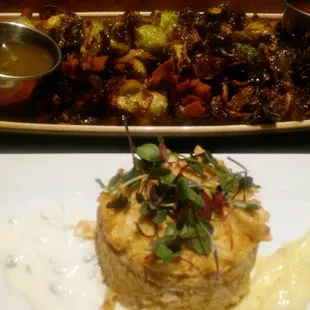 Crab cake, Cobb salad and Brussel sprouts