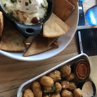 Spinach artichoke dip + cheese curds
