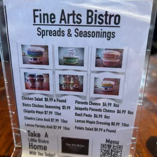menu for fine arts bistro