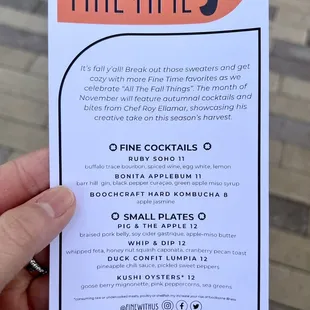 Fine Time Menu, November 2023 (2-5PM)
