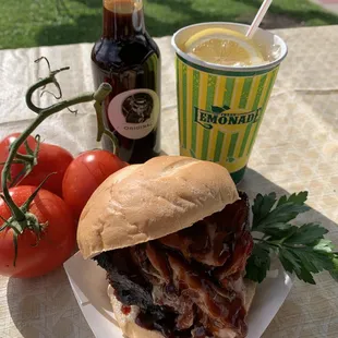 a plate of food and a drink