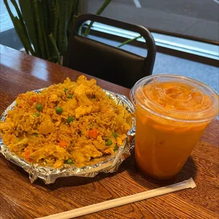 Finest Thai Fried Rice with curry powder added and Thai iced tea