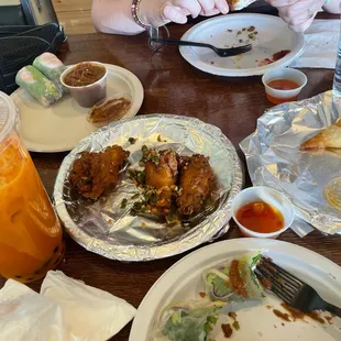 Wings, Spring Roll, Crab wonton, Thai Iced Tea