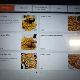 high st burger, vegan tender and fries, fries, honey sriracha shrimp, Buffalo chkn over fries, chz sticks