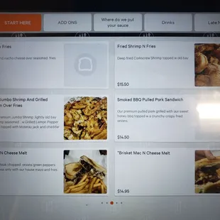 Chz Fries, Fried Shrimp and Fries, Cajun Shrimp,BBQ pulled pork Sammy, stk and Chz melt, brisket mac and Chz melt