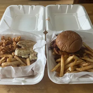 Grilled chicken and shrimp. Brisket sandwich.