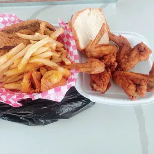 Three meat combo Wings, fish and shrimp