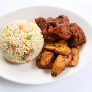 beef, fried rice and plantain