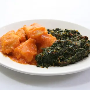 Yam Pottage and vegetable. Savory prepared yam coupled with spicy beef brisket infused spinach.