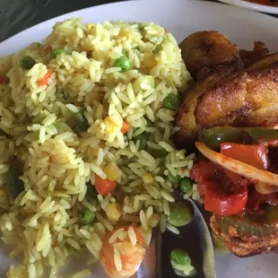 Fish, fried rice and plantain