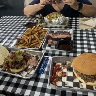 Chop beef sandwich, 1 lb ribs, fries, &amp;  All the Way Potato
