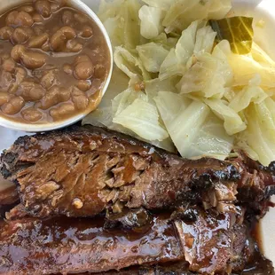 Brisket, ribs, cabbage and baked beans.