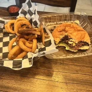 Hachie Cheeseburger with Natural Cut Fries and Onion Rings