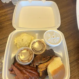3-piece 3 Meat Plate (ribs , brisket, link with roll and potato salad and baked beans