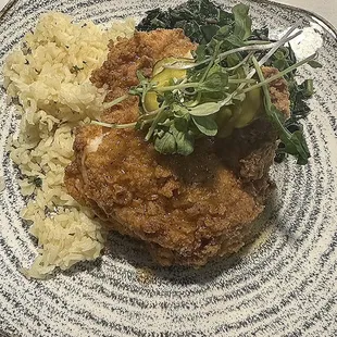 Fried chicken, rice, and collard greens