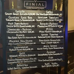 Menu of local farm to table items used in  Finial.