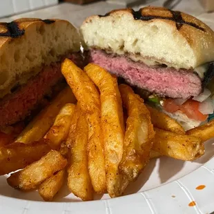 My medium rare cheese burger and fries.