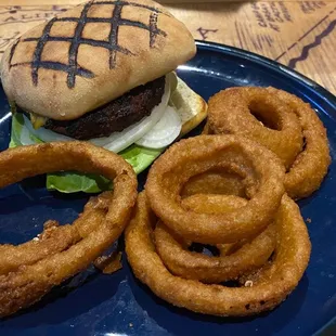 Burger n onion rings.