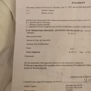 This is a judgement that went in my favor but marcos is refusing to pay.  1507.17 total