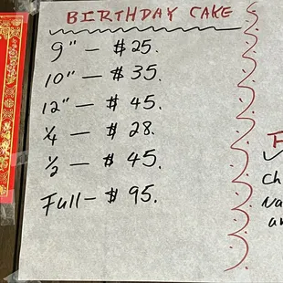 Sheet cake price list