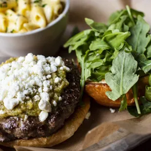 a burger and a salad