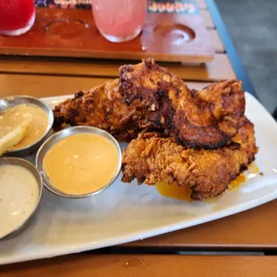 Hot Chicken Tenders, with Fires and three different dipping sauces - excellent.