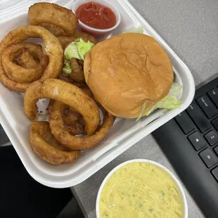 Cheeseburger, onion rings, and potato salad. Delicious!