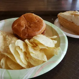 Special of the day.  Pulled pork bbq,  the best potato salad ever, and chips.  Topped off with a piece of  caramel pie.