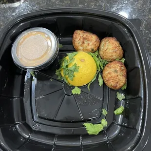 Crab Cakes.  No Crab Bites.  Smaller than the lemon wedge.